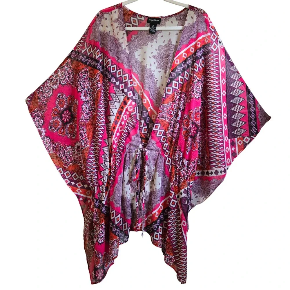 Maggie‎ Barnes Pink Paisley Geometric Kimono Cover Up Drawstring Waist 3X